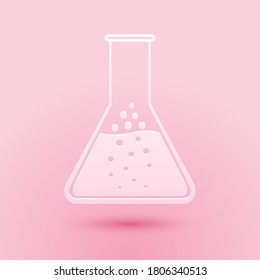 Paper cut Test tube and flask - chemical laboratory test icon isolated on pink background. Paper art style. Vector.