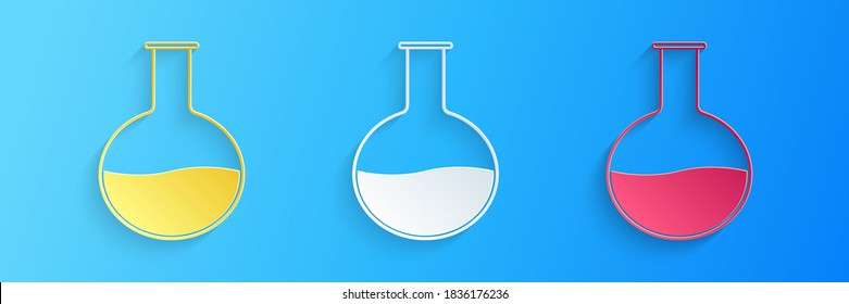 Paper cut Test tube and flask - chemical laboratory test icon isolated on blue background. Laboratory glassware sign. Paper art style. Vector.