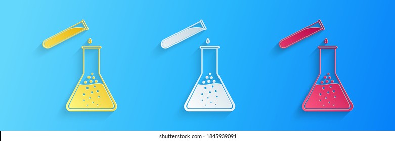 Paper cut Test tube and flask - chemical laboratory test icon isolated on blue background. Laboratory glassware sign. Paper art style. Vector.
