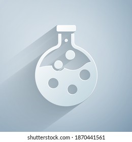 Paper cut Test tube and flask chemical laboratory test icon isolated on grey background. Laboratory glassware sign. Paper art style. Vector