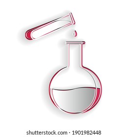 Paper cut Test tube and flask - chemical laboratory test icon isolated on white background. Laboratory glassware sign. Paper art style. Vector.