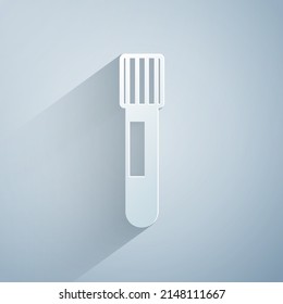 Paper cut Test tube and flask chemical laboratory test icon isolated on grey background. Laboratory glassware sign. Paper art style. Vector