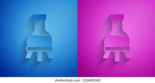 Paper cut Test tube and flask chemical laboratory test icon isolated on blue and purple background. Laboratory glassware sign. Paper art style. Vector