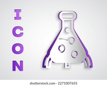 Paper cut Test tube and flask chemical laboratory test icon isolated on grey background. Laboratory glassware sign. Paper art style. Vector