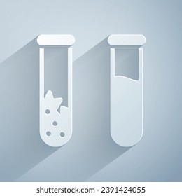 Paper cut Test tube and flask - chemical laboratory test icon isolated on grey background. Laboratory glassware sign. Paper art style. Vector Illustration