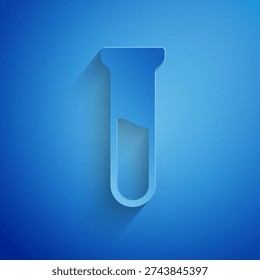 Paper cut Test tube and flask icon isolated on blue background. Chemical laboratory test. Laboratory glassware. Paper art style. Vector
