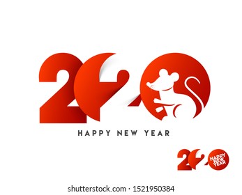 Paper cut text of 2020 with rat zodiac sign in red and white color for Happy Chinese New Year celebration.