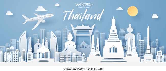 paper cut of thailand landmark, travel and tourism concept, eps 10 vector.