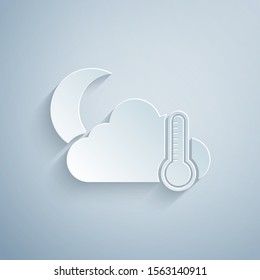 Paper cut Thermometer and cloud with moon icon isolated on grey background. Paper art style. Vector Illustration