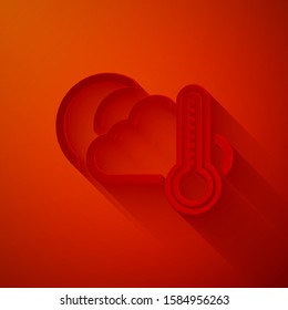 Paper cut Thermometer and cloud with moon icon isolated on red background. Paper art style. Vector Illustration
