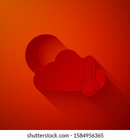 Paper cut Thermometer and cloud with moon icon isolated on red background. Paper art style. Vector Illustration