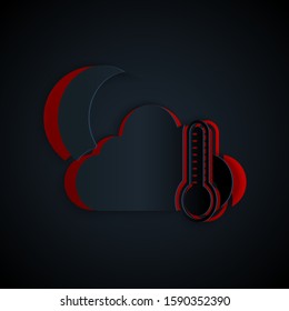 Paper cut Thermometer and cloud with moon icon isolated on black background. Paper art style. Vector Illustration