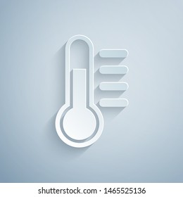 Paper cut Thermometer icon isolated on grey background. Paper art style. Vector Illustration
