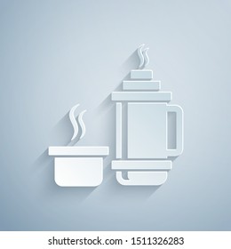 Paper cut Thermos container icon isolated on grey background. Thermo flask icon. Camping and hiking equipment. Paper art style. Vector Illustration