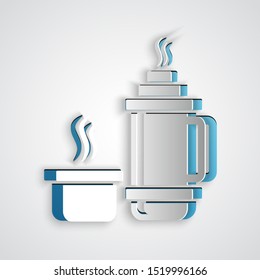 Paper cut Thermos container icon isolated on grey background. Thermo flask icon. Camping and hiking equipment. Paper art style. Vector Illustration