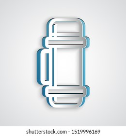 Paper cut Thermos container icon isolated on grey background. Thermo flask icon. Camping and hiking equipment. Paper art style. Vector Illustration