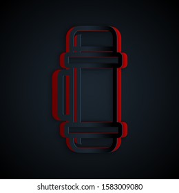 Paper cut Thermos container icon isolated on black background. Thermo flask icon. Camping and hiking equipment. Paper art style. Vector Illustration