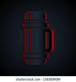 Paper cut Thermos container icon isolated on black background. Thermo flask icon. Camping and hiking equipment. Paper art style. Vector Illustration