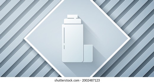 Paper cut Thermos container icon isolated on grey background. Thermo flask icon. Camping and hiking equipment. Paper art style. Vector
