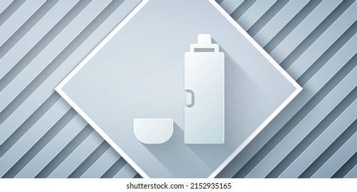 Paper cut Thermos container icon isolated on grey background. Thermo flask icon. Camping and hiking equipment. Paper art style. Vector