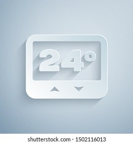 Paper cut Thermostat icon isolated on grey background. Temperature control. Paper art style. Vector Illustration