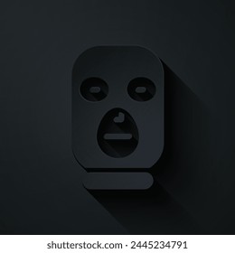 Paper cut Thief mask icon isolated on black background. Bandit mask, criminal man. Paper art style. Vector