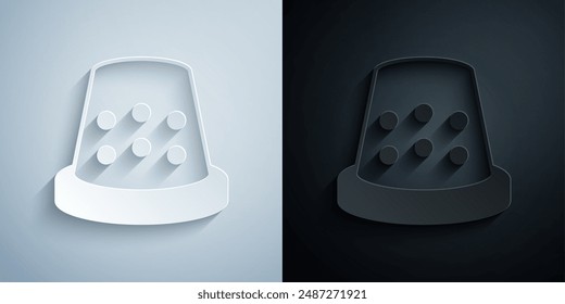 Papierschnitt Fingerhut zum Nähen Symbol isoliert auf grauem und schwarzem Hintergrund. Papierkunststil. Vektorgrafik