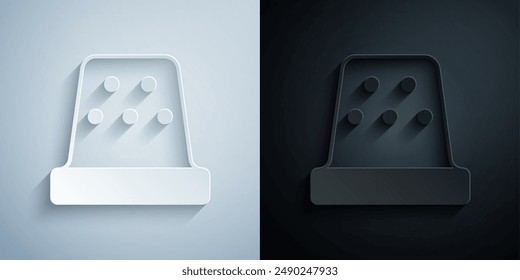 Paper cut Thimble for sewing icon isolated on grey and black background. Paper art style. Vector