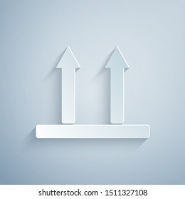 Paper cut This side up icon isolated on grey background. Two arrows indicating top side of packaging. Cargo handled so these arrows always point up. Paper art style. Vector Illustration