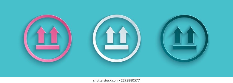 Paper cut This side up icon isolated on blue background. Two arrows indicating top side of packaging. Cargo handled. Paper art style. Vector Illustration