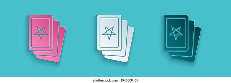 Paper cut Three tarot cards icon isolated on blue background. Magic occult set of tarot cards. Paper art style. Vector
