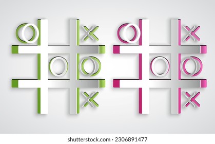 Paper cut Tic tac toe game icon isolated on grey background. Paper art style. Vector