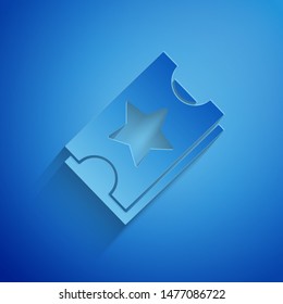 Paper cut Ticket icon isolated on blue background. Amusement park. Paper art style. Vector Illustration