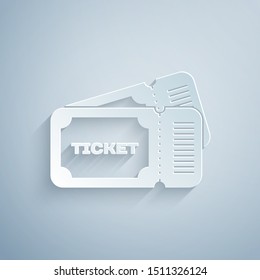 Paper cut Ticket icon isolated on grey background. Paper art style. Vector Illustration