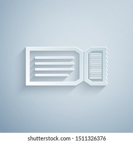 Paper cut Ticket icon isolated on grey background. Paper art style. Vector Illustration