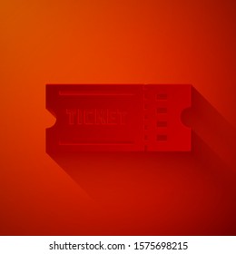 Paper cut Ticket icon isolated on red background. Paper art style. Vector Illustration