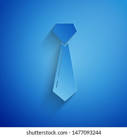 Paper cut Tie icon isolated on blue background. Necktie and neckcloth symbol. Paper art style. Vector Illustration