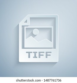 Paper cut TIFF file document. Download tiff button icon isolated on grey background. TIFF file symbol. Paper art style. Vector Illustration