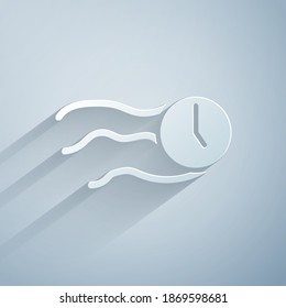 Paper cut Time flies on the clock icon isolated on grey background. Paper art style. Vector