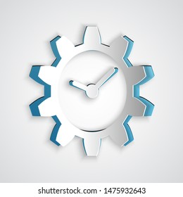 Paper cut Time Management icon isolated on grey background. Clock and gear sign. Paper art style. Vector Illustration