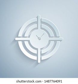 Paper cut Time Management icon isolated on grey background. Clock and gear sign. Productivity symbol. Paper art style. Vector Illustration