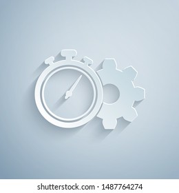 Paper cut Time Management icon isolated on grey background. Clock and gear sign. Productivity symbol. Paper art style. Vector Illustration