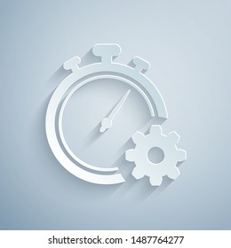 Paper cut Time Management icon isolated on grey background. Clock and gear sign. Productivity symbol. Paper art style. Vector Illustration
