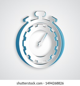 Paper cut Time Management icon isolated on grey background. Clock and gear sign. Productivity symbol. Paper art style. Vector Illustration