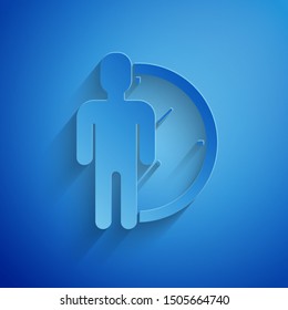 Paper cut Time Management icon isolated on blue background. Clock and gear sign. Productivity symbol. Paper art style. Vector Illustration