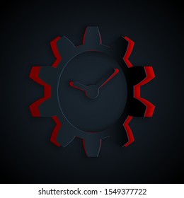 Paper cut Time Management icon isolated on black background. Clock and gear sign. Paper art style. Vector Illustration