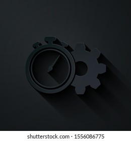 Paper cut Time Management icon isolated on black background. Clock and gear sign. Productivity symbol. Paper art style. Vector Illustration