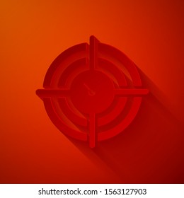 Paper cut Time Management icon isolated on red background. Clock and gear sign. Productivity symbol. Paper art style. Vector Illustration