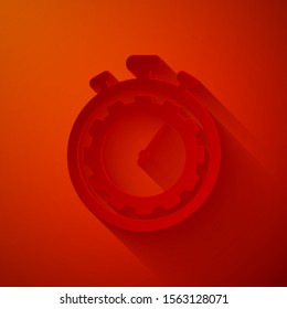 Paper cut Time Management icon isolated on red background. Clock and gear sign. Productivity symbol. Paper art style. Vector Illustration
