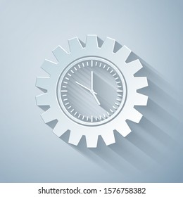 Paper cut Time Management icon isolated on grey background. Clock and gear sign. Productivity symbol. Paper art style. Vector Illustration